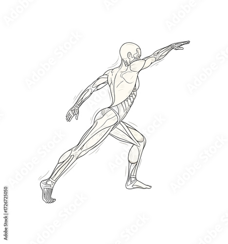 Dynamic human anatomy illustration of a muscular athlete in motion, showcasing detailed musculature and skeletal structure for educational and fitness appeal