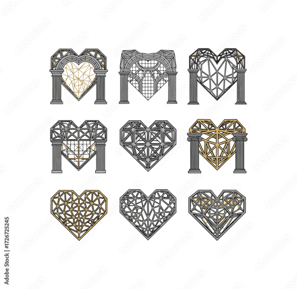 Fototapeta premium Elegant heart design elements with architectural accents, perfect for conveying love and sophistication in branding or creative projects, unique and artistic