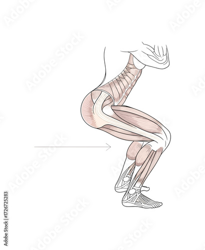 Anatomical illustration showcasing human muscles during a squat, ideal for fitness education, medical study, or athletic training guides, strength and conditioning