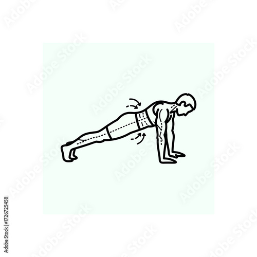 Dynamic line art illustration of a man doing plank exercise for fitness and core strength, showing arrows for movement guidance perfect for health content