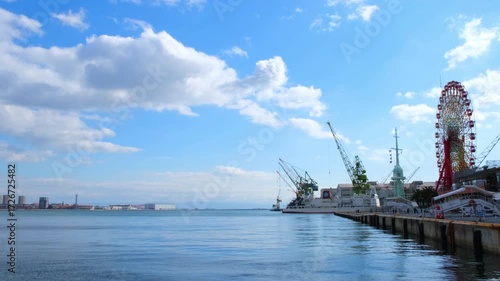 日本、神戶港、海、観光スポット、港湾、船舶、青空、雲、風景、写真素材	
