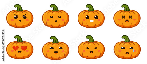 Set of pumpkins with emotions. Cartoon pumpkins with faces. Vector