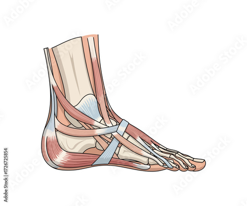 Detailed anatomical illustration of human foot muscles tendons and bones revealing intricate structures for medical education and scientific research