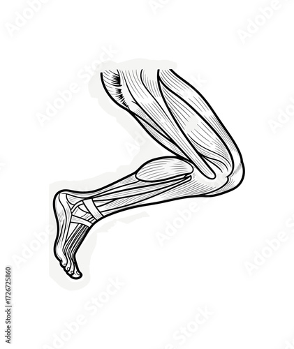 Detailed anatomical illustration of human leg muscles and tendons in motion, perfect for medical and fitness professionals seeking precise visual aids for education and presentation.