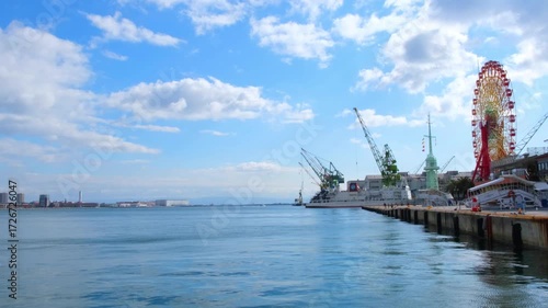 日本、神戶港、海、観光スポット、港湾、船舶、青空、雲、風景、写真素材	
