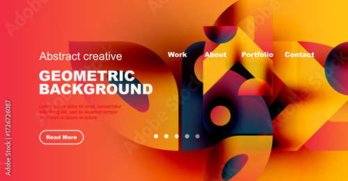 Vibrant abstract geometric background. Red, orange, blue hues blend. Website header design with navigation options, text, button.