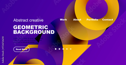 Purple background features vibrant yellow, orange shapes. Text details portfolio website elements, read more button visible.
