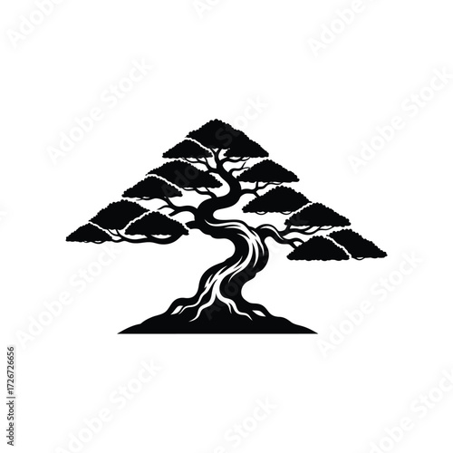 Elegant bonsai tree illustration with a distinctive conical shape and roots