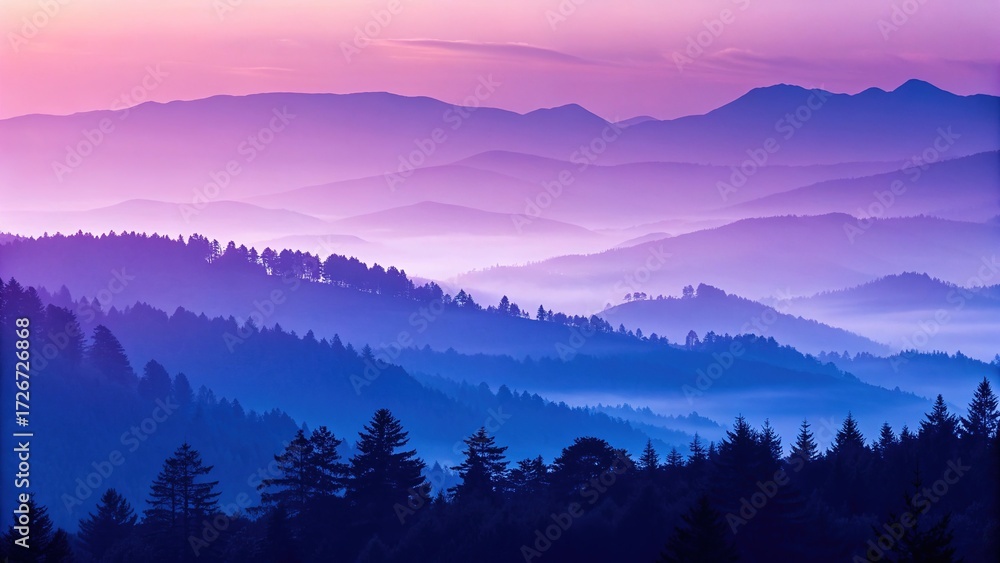 Obraz premium Stunning digital haze gradient over layered mountain ranges at dawn