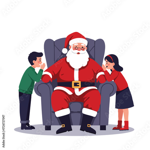 Santa Claus intently listens to a small boy and girl whispering their Christmas wishes in this vibrant 2D flat vector illustration, set against a clean white background.