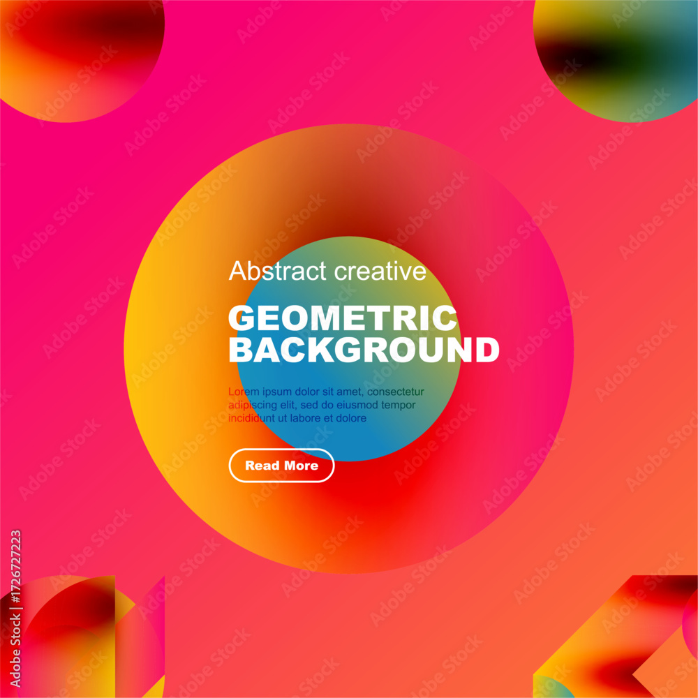 Fototapeta premium Vibrant pink backdrop features overlapping circles, text, button. Modern design promotes creativity, geometric patterns.