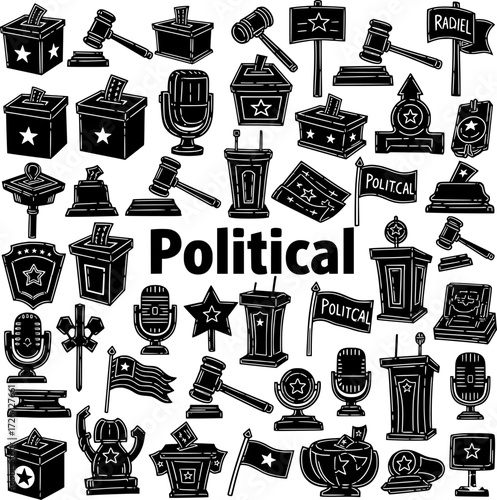 Hand-Drawn Political and Election Doodle Icons Set. Collection of Symbols for Government, Voting, and Democracy Including Ballot Boxes, Gavels, Podiums, and Microphones.