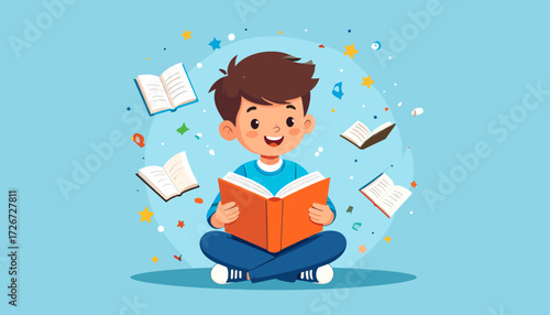 Smiling boy reading book with flying pages