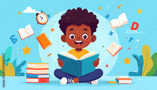 Happy boy reading book outdoors with flying letters