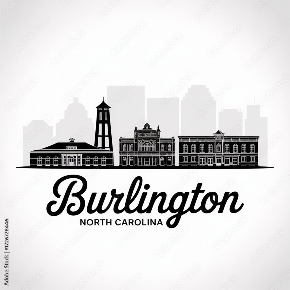 Fototapeta premium Burlington North Carolina Skyline Silhouette — A Historic Textile and Rail City Vector Illustration