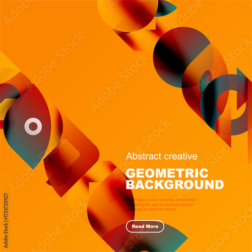 Bright geometric shapes overlap, creating vibrant orange background. Text promotes creative design, includes read more button.
