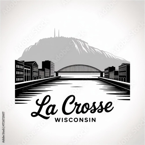 ‎La Crosse Wisconsin Skyline Silhouette — A Mississippi River City with Scenic Bluffs Vector Illustration