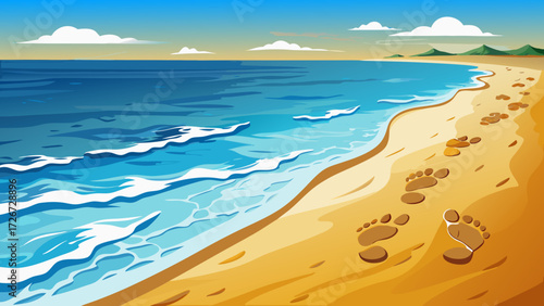 Bare footprints on sandy beach, ocean waves approaching, symbol of freedom, human connection with nature, warm golden shore, peaceful journey, timeless outdoor escape illustration.
