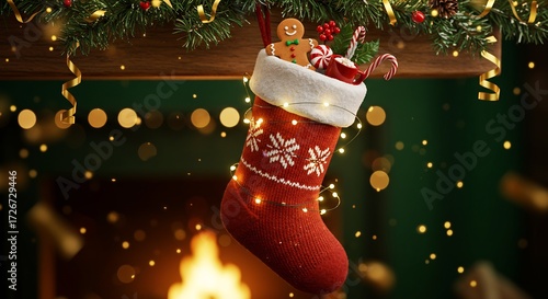 Red Christmas Stocking Filled with Treats Hanging from a Festive Mantelpiece