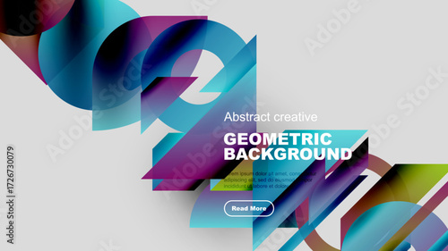Abstract geometric shapes, vibrant colors, modern design. Background features layered elements, text box, button.