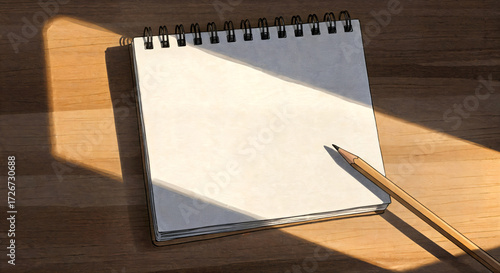 Ink and watercolor sketch notepad page with pencil on wooden table  