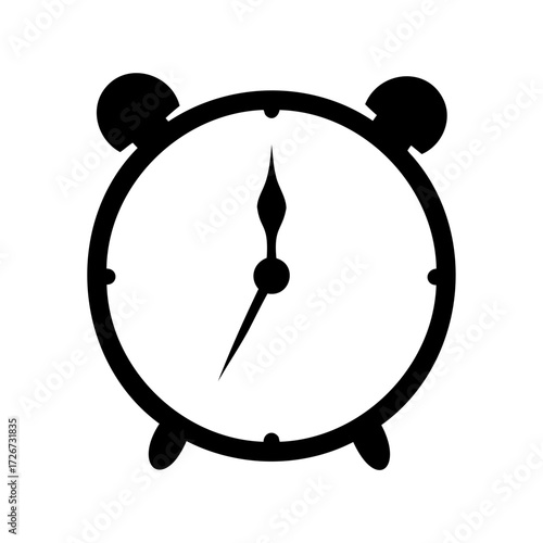 Minimalist black and white alarm clock with hands indicating five past twelve