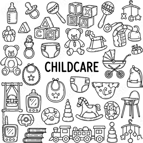 Childcare Essentials Doodle Set: Hand-Drawn Outline Icons of Baby Toys, Clothing, Nursery Items, and Infant Gear
