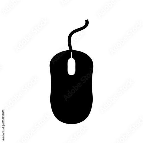 Simple black silhouette of a computer mouse with a visible cable