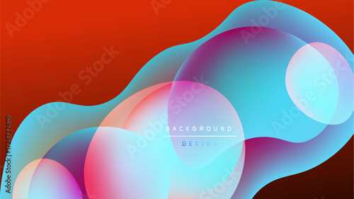 Abstract vibrant shapes overlap, creating fluid colorful design. Red background contrasts with blue, pink hues. Modern visual element.