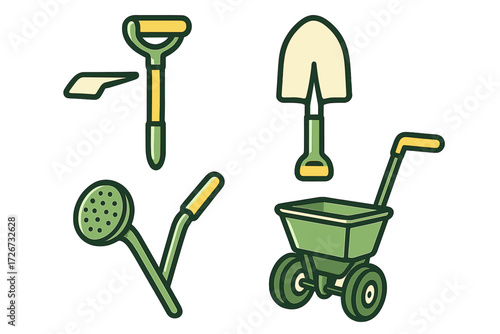 Comprehensive set of gardening tools featuring a shovel, spade, watering wand, and wheelbarrow for various outdoor tasks