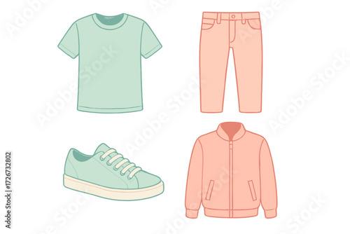 Everyday casual apparel collection featuring a t-shirt, pants, jacket, and sneakers for various outfits and styles