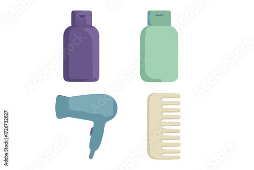 Collection of hair care essentials including shampoo, conditioner, hairdryer, and comb for personal grooming and beauty routine