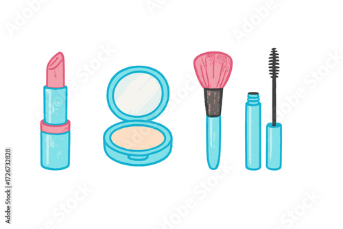 Assortment of everyday beauty and cosmetic products: lipstick, compact powder, makeup brush, and mascara