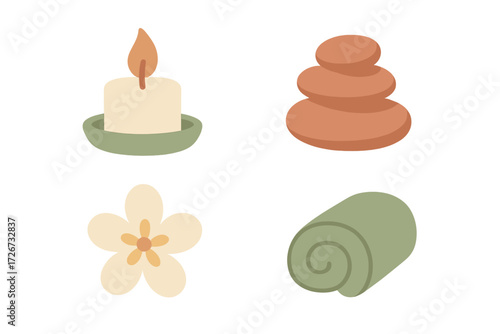 Collection of spa and wellness items including a lit candle, stacked massage stones, a tropical flower, and a rolled towel