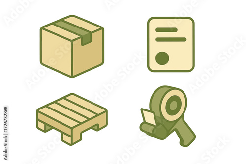 Isometric shipping and logistics elements: cardboard box, delivery document, wooden pallet, tape dispenser