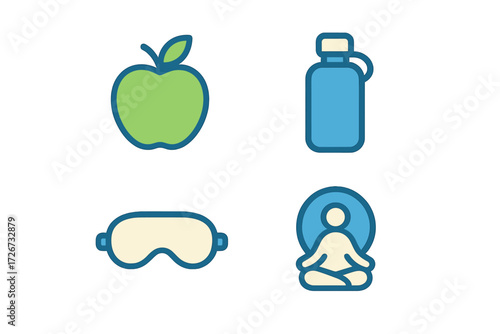 Healthy lifestyle and self-care symbols with apple, water bottle, sleep mask, and meditation for wellness