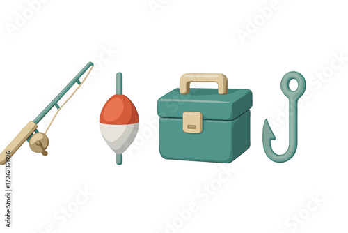 Essential fishing equipment set with rod, bobber, tackle box, and hook for outdoor angling activity
