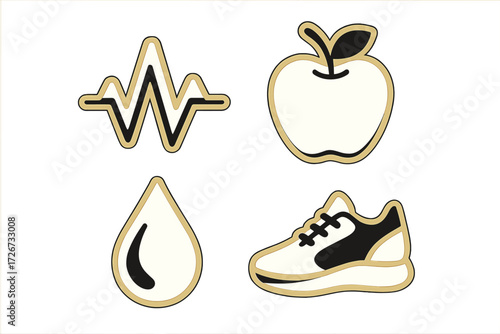 Fitness and healthy lifestyle symbols including heartbeat, fresh apple, water droplet, and athletic shoe