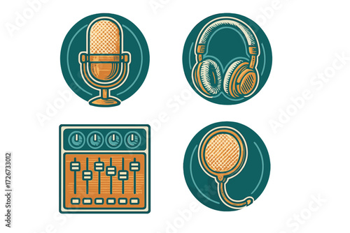 Vintage style audio recording studio equipment icons set featuring microphone, headphones, sound mixer, and pop filter