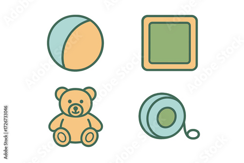 Variety of essential baby and children's items featuring a ball, teddy bear, chalkboard, and measuring tape