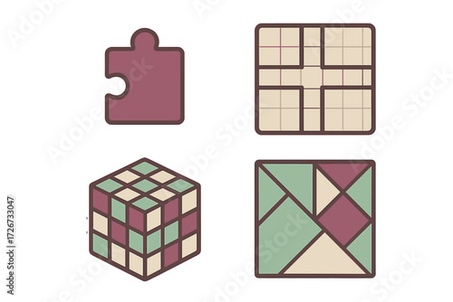Diverse collection of puzzle game elements including jigsaw piece, logic grid, cube, and tangram shapes for problem-solving concepts