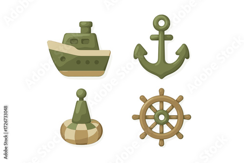 Nautical themed icons set featuring a charming boat, classic anchor, striped buoy, and traditional ship wheel