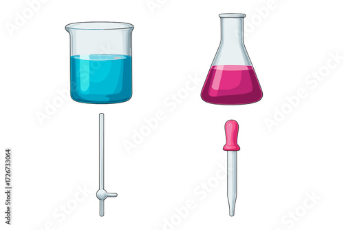 Chemistry laboratory glassware and tools with colorful liquids for scientific experiments and research in a lab setting