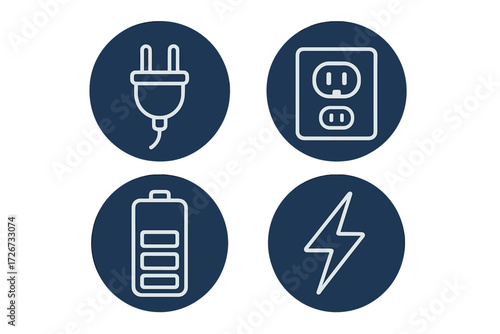 Electrical power and energy symbols with plug, outlet, battery, and lightning bolt for technology concepts