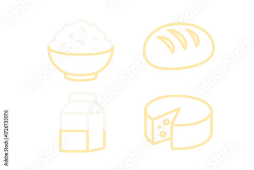 Essential grocery staples including rice, bread, milk, and cheese for daily nutrition and healthy eating