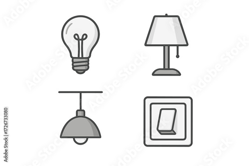 Essential collection of household lighting elements including a light bulb, table lamp, pendant lamp, and electrical control switch icons