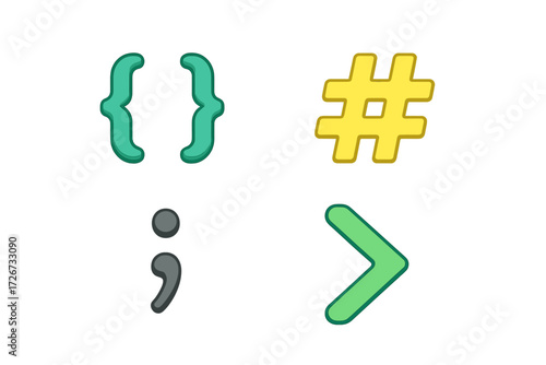 Modern colorful programming and punctuation symbols for web development, coding, and digital design projects