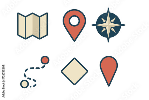Navigation and location symbols with map, compass, and various map pins for travel and journey planning