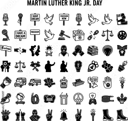 Martin Luther King Jr. Day Vector Icons Collection. Civil Rights Movement Symbols: Justice, Freedom, Peace, Equality, and Advocacy Graphics.