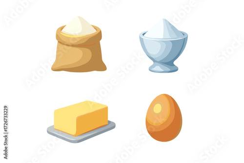 Essential baking ingredients set including flour, sugar, butter, and egg for cooking and pastry recipes
